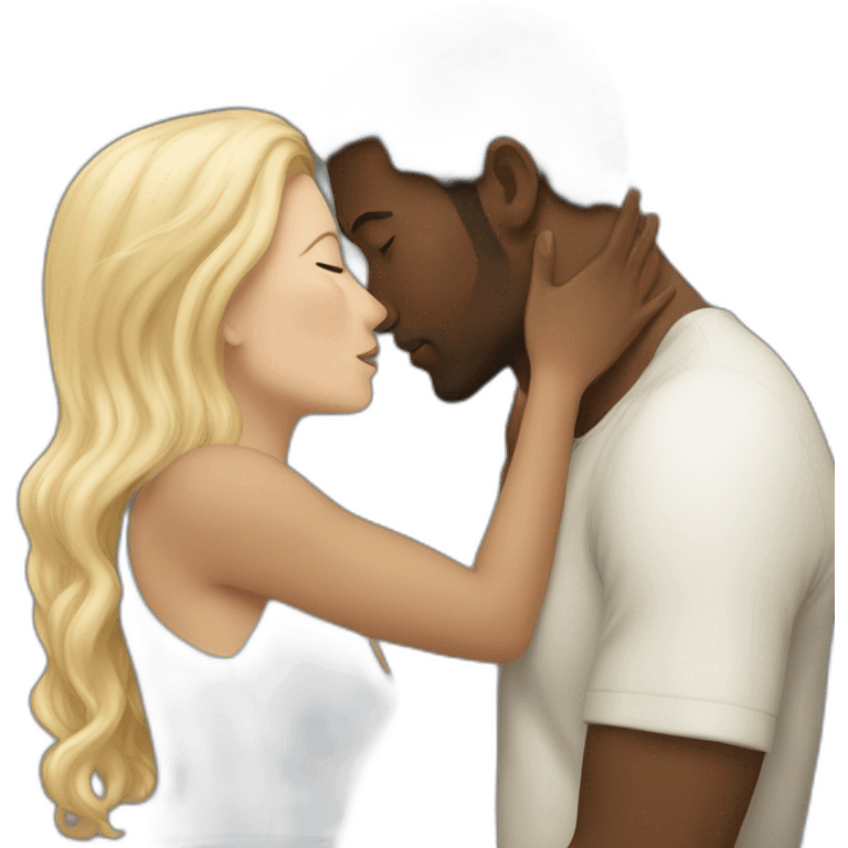 A black man kissing a white woman with long brown hair emoji