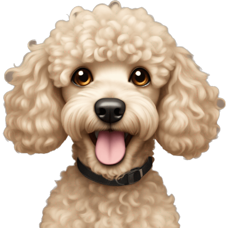 Cute young cocker poodle mix in beige and curly fur happy face  emoji