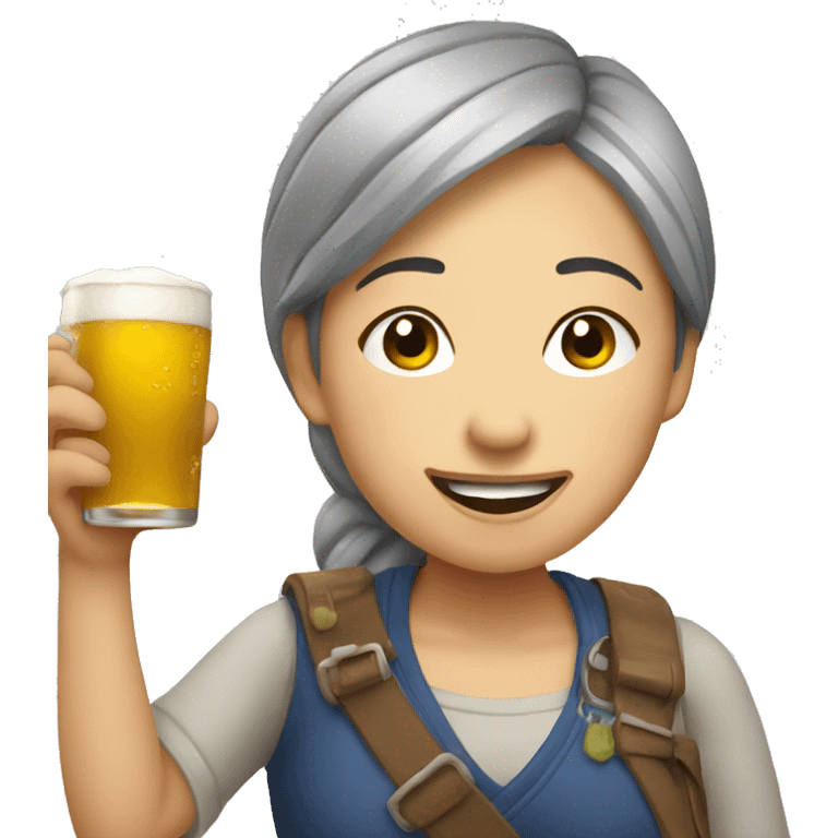 tired but happy asian lady grabbing beer emoji