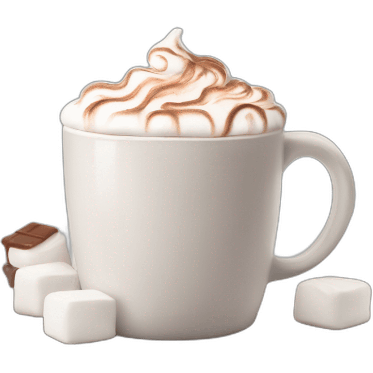 white mug of hot chocolate with marshmallows and whipped cream emoji