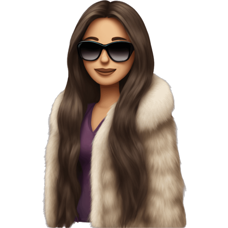 Beautiful long hair brunette with fur coat and sunglasses emoji