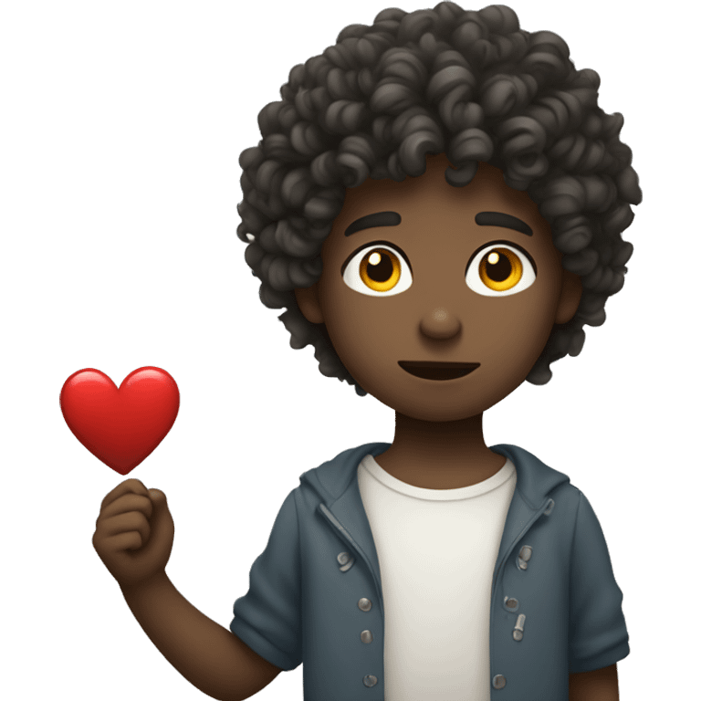 Curly boy with white skin holding a heart with difficulty  emoji