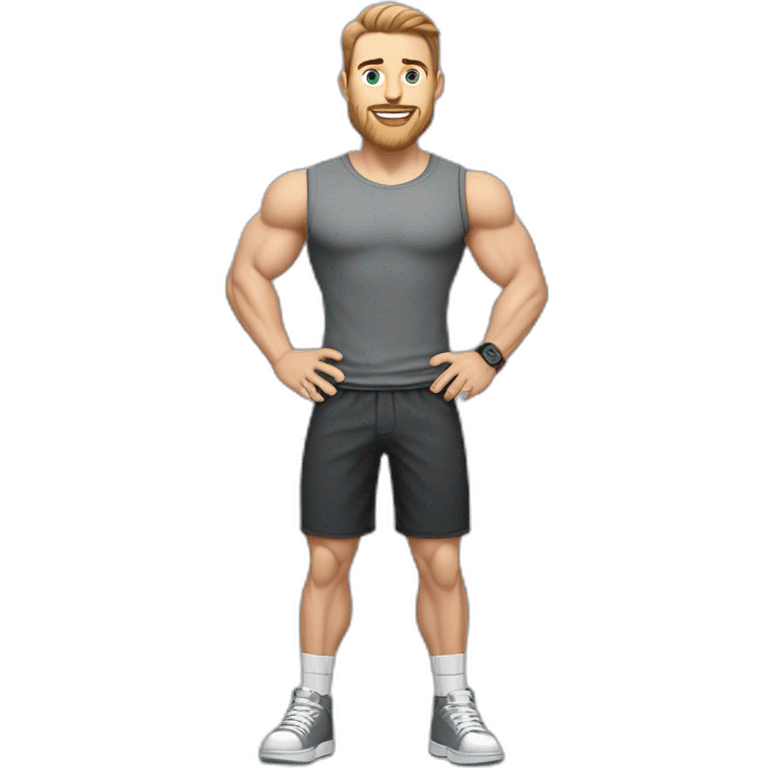 Full height Pale skinned muscular man With Realistic eyes and mouth, light brown hair and stubble In dark gray sleeveless mike, black oversize sports shorts, watch and white sneakers. emoji