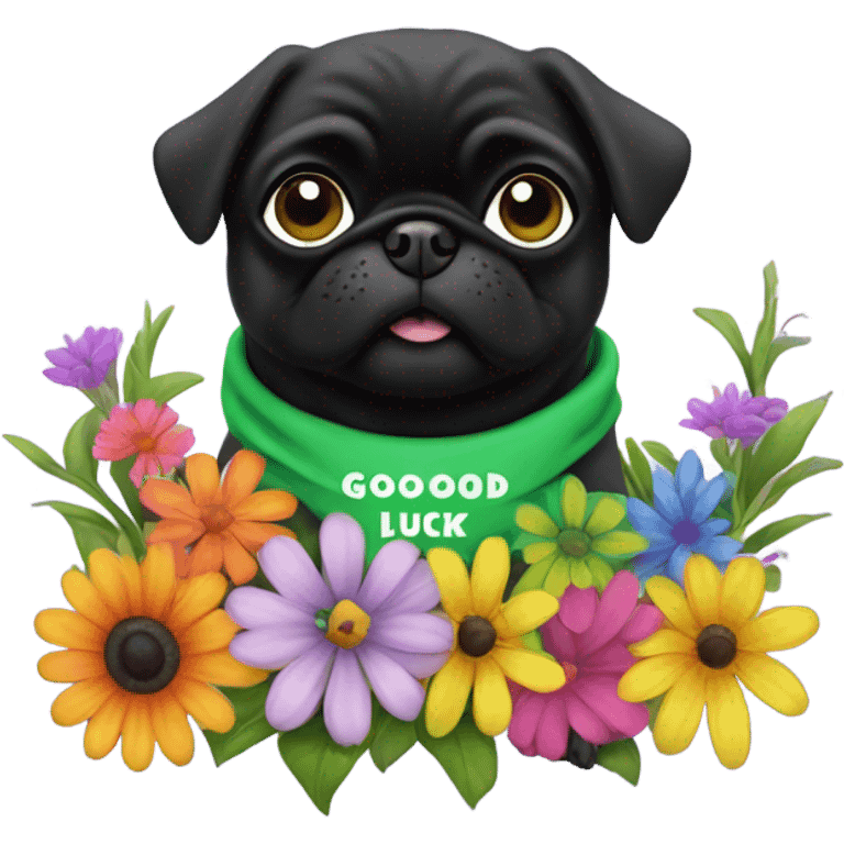 Black pug , surrounded by flowers, holding a green sign that says “good luck”  emoji