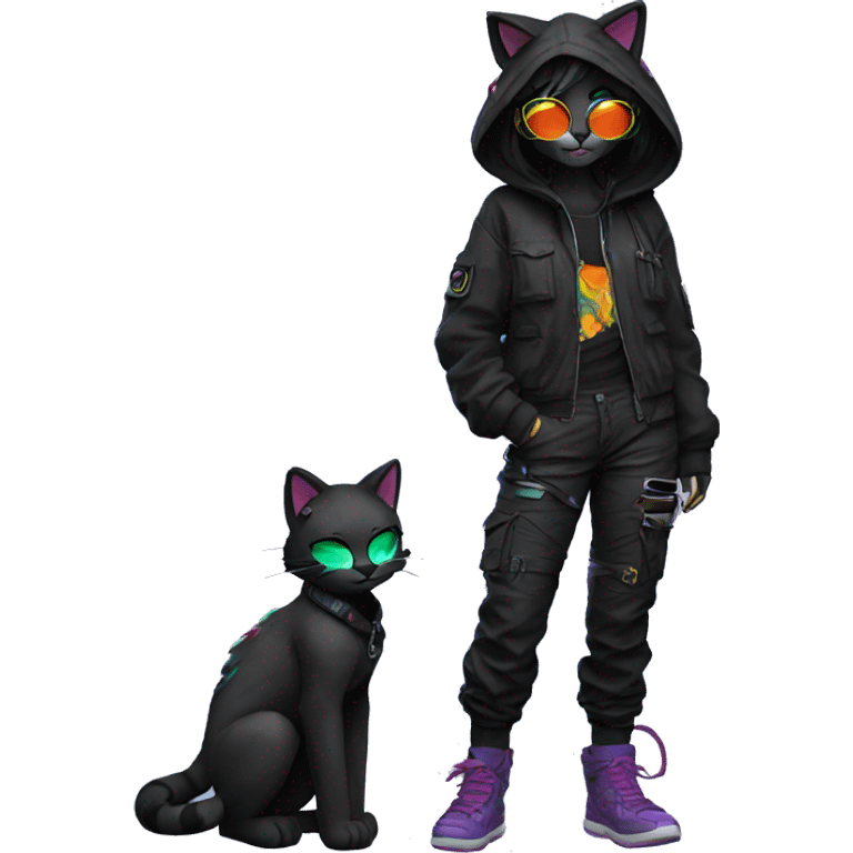 Edgy Anthro cool pretty colorful dark cat-fursona techwear cargo pants hoodie emoji