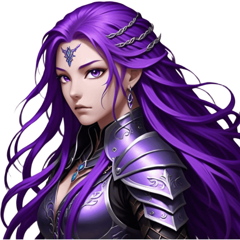 A mysterious warrior girl with long, flowing purple hair cascading down her back, strands catching the dim light like silk. Her piercing violet eyes glow beneath her furrowed brow, sharp with determination and wisdom beyond her years. She wears sleek black armor, a perfect fusion of elegance and lethality, adorned with intricate silver engravings resembling ancient runes. A dark cape billows behind her, torn at the edges from countless battles. Her gauntleted hands rest on the hilt of a slender, obsidian-hued sword, its blade humming faintly with hidden power.  emoji