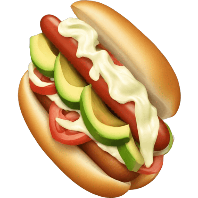 one hotdog with diced tomato, smash avocado and zigzagging mayonnaise emoji