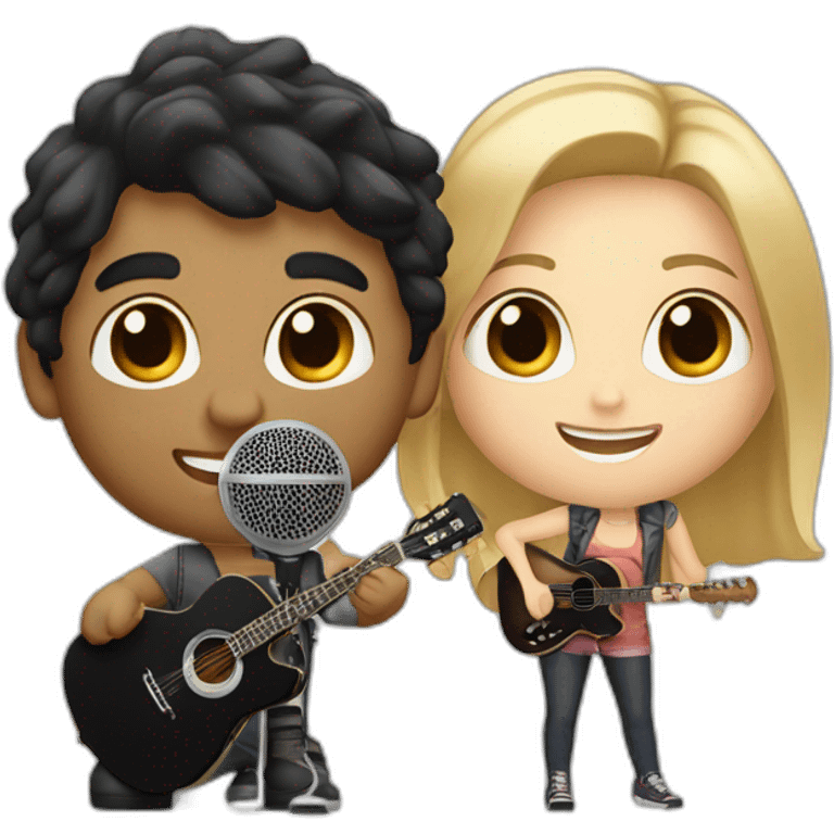 Blonde Caucasian boy with black guitar and a Caucasian girl with dark hair with a microphone emoji