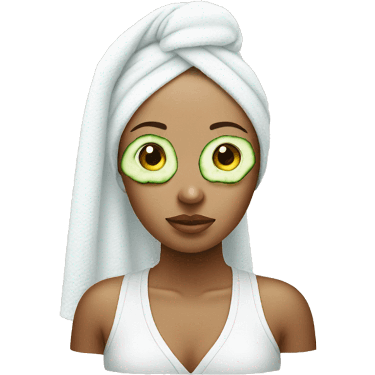 Girl with cucumbers on her eyes wearing a white towel on her head emoji