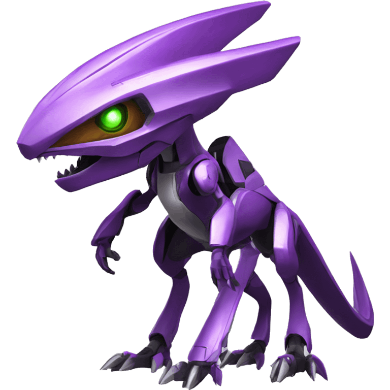 a purple-green Genesect-Raptor-Fakémon—hybrid with a futuristic visor-helmet full body emoji