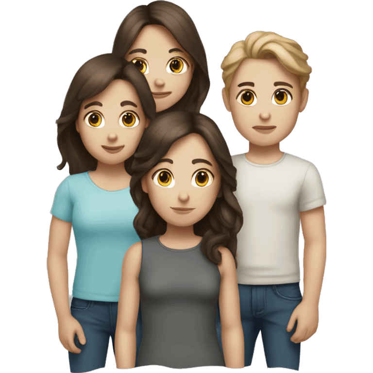 2 brunette twin sisters and a brunette little brother, white skin tone emoji