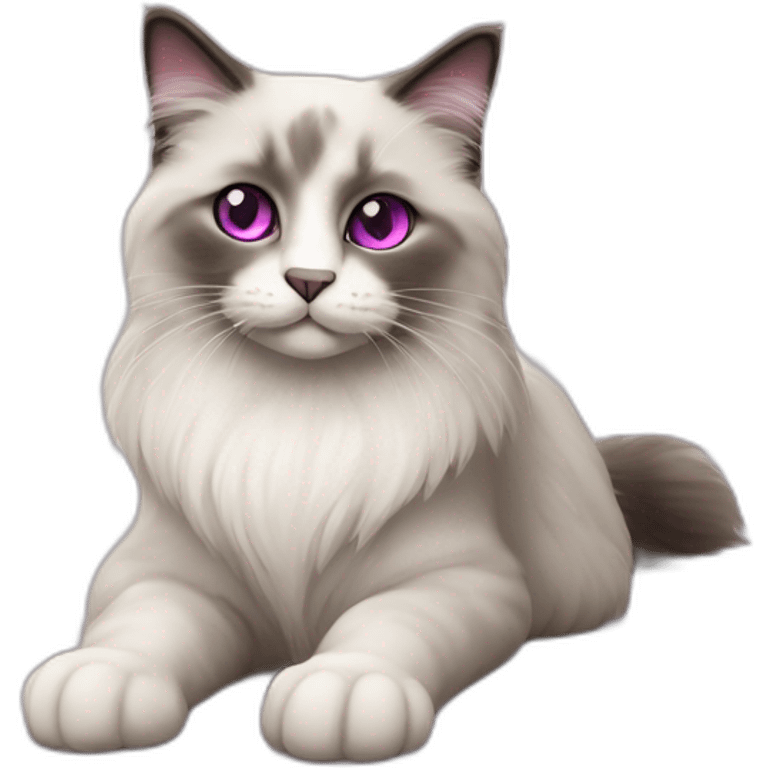 Ragdoll cat with magenta eyes and grey furr, sitting on the floor emoji