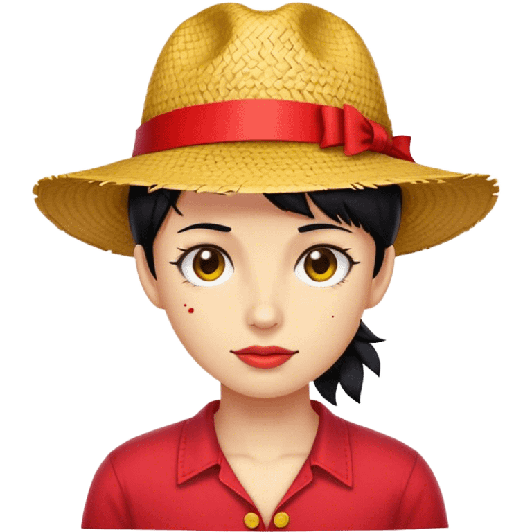 Black hair, straw hat with red robbion, red shirt with yellow buttons, stitched scar under Right eye. emoji