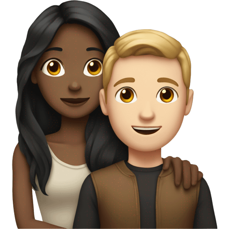 medium skin, Black long hair girl hugging with a pale skin male with brown hair on top emoji