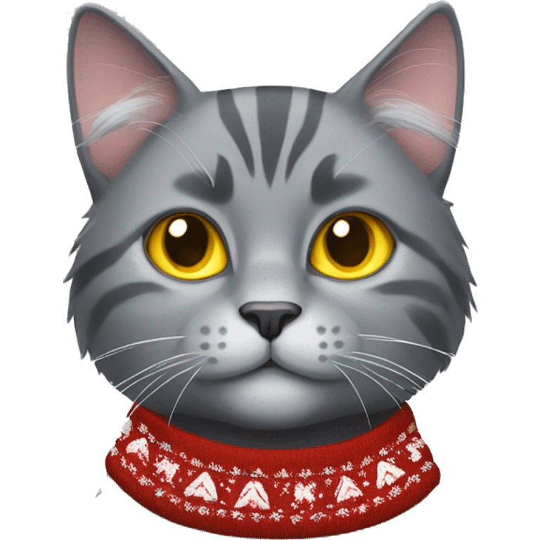 Fluffy grey cat yellow eyes wearing a Christmas sweater emoji