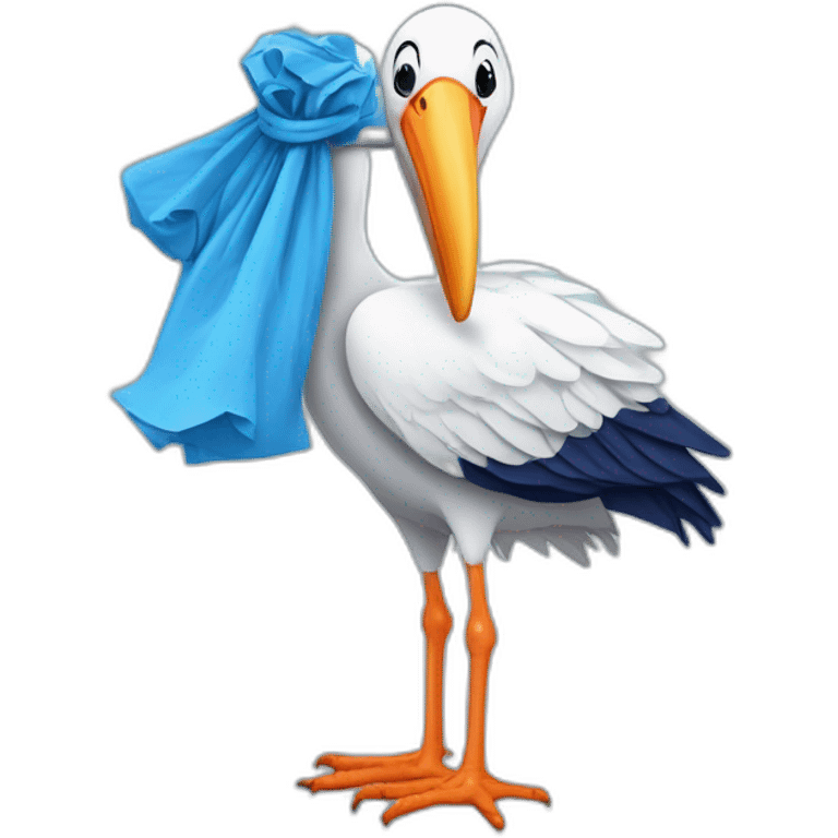 White stork carrying a blue bundle of cloth in its beak that has a human baby with dark hair and the baby face and head is peeking from the cloths bundle the strok is carrying with its beak emoji