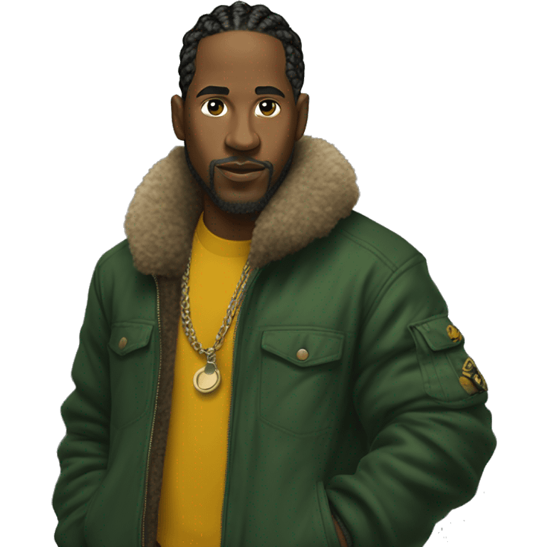 Side profile of a hip hop artist. He has braids. He has an arm extended down and is holding a mic in that hand. He's wearing a very dark green jacket. The jacket has a furry yellow mustard collar.  emoji