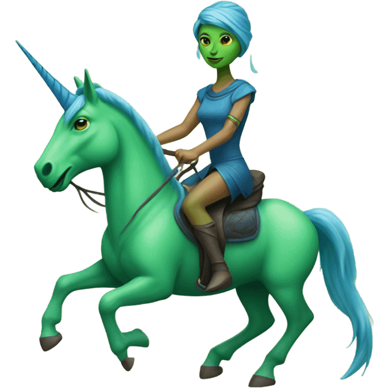 a green amazon alien woman on a blue unicorn no woke emoji