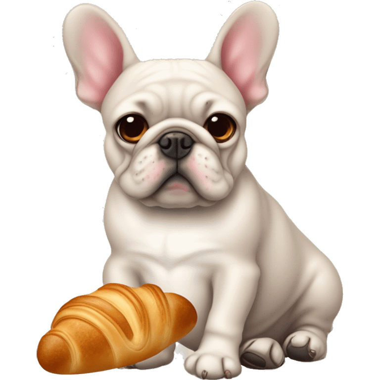 Bouledogue français avec des cœurs dans les yeux tenant un croissant  emoji