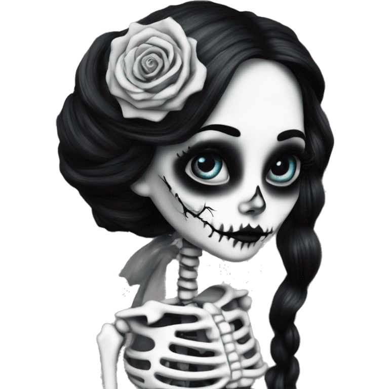 hyper realism, full height skeleton, tim burton "corpse bride", thin porcelain doll with a cracked face, goth makeup watery eyes, long hair, lace and ruffles, lolita style, inked, black and white, red roses emoji