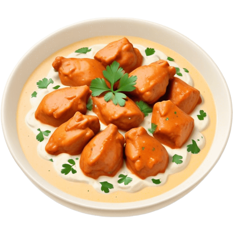 Butter Chicken Cinematic Realistic Butter Chicken Dish Emoji, depicted as tender chicken pieces sliced up and bathed in a creamy white sauce garnished with fresh cilantro, rendered with rich textures and vibrant, appetizing lighting. emoji