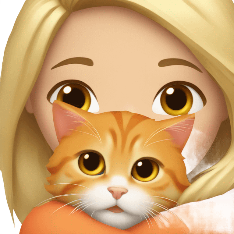 Blonde girl hugging her orange maine coon with a heart around them emoji