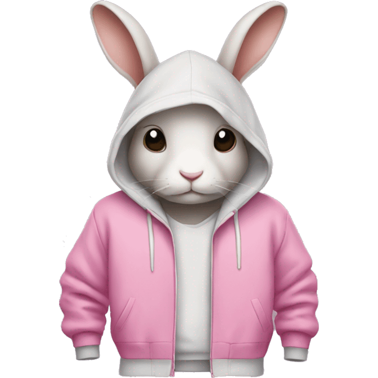 Rabbit wearing a hoodie and has some pink shoes on emoji