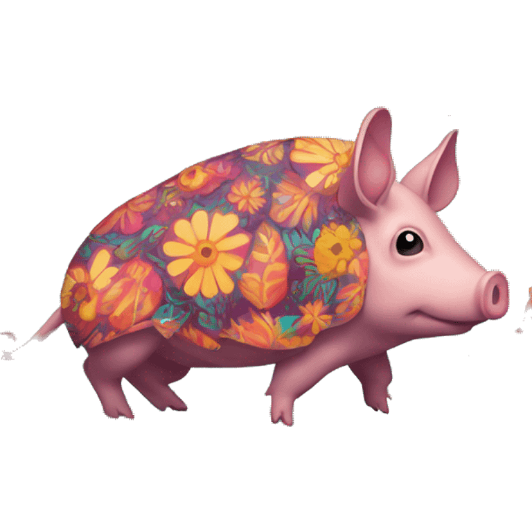 retro groovy hippie trippy floral patterns on a pig armadillo centipede emoji