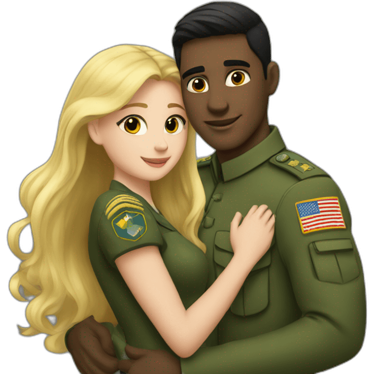 a blonde girl hugs a dark-haired man in a green military uniform emoji