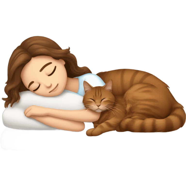 Brown-haired girl sleeping with her brown maine coon cat  emoji