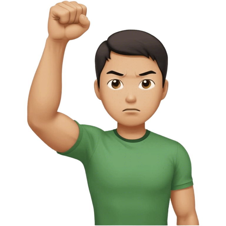 A determined Korean man in a green shirt, clenching his fist with a confident expression. Emoji-style digital illustration emoji