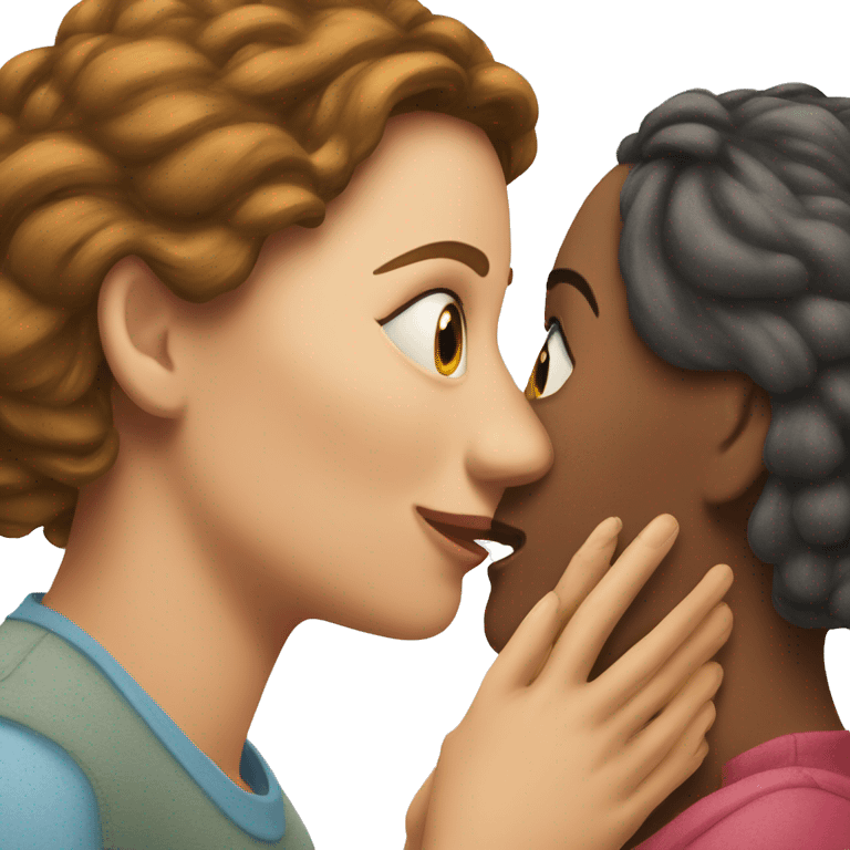 One woman whispers into the ear of another woman closing by hand emoji