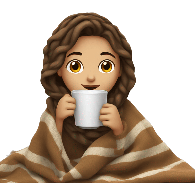 Brown hair Girl drinking coffee, with a cozy blanket emoji