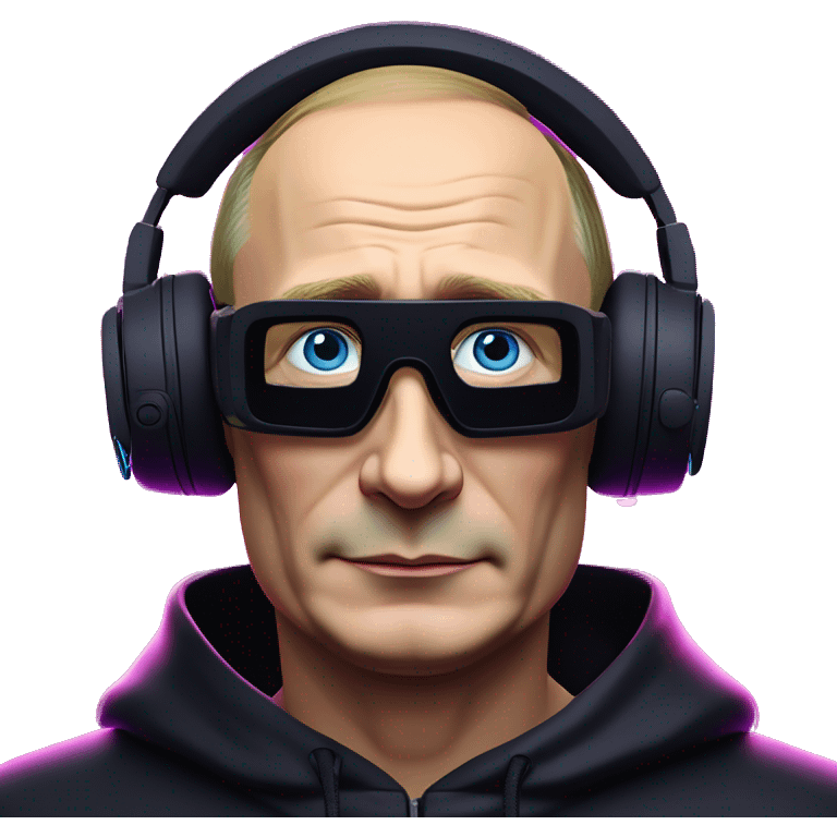 Vladimir Putin wearing a black hoodie with "OMG" letters on it and VR headset oculus quest 2 in a cyberpunk VR environment with violet neon lighting. emoji