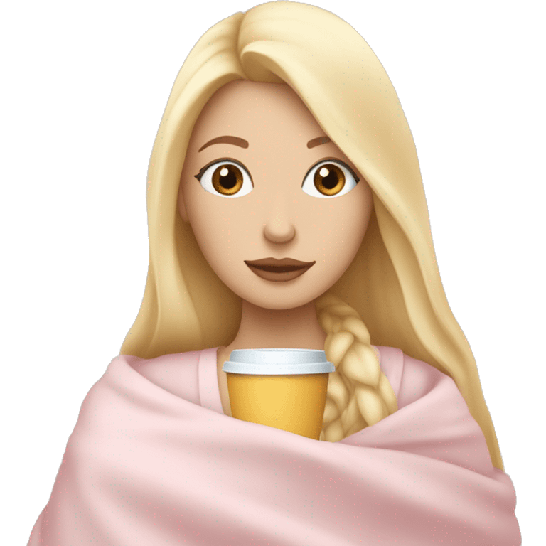 Blonde girl inside a light pink blancket sipping coffee eyes closed white skin blue eyes  emoji