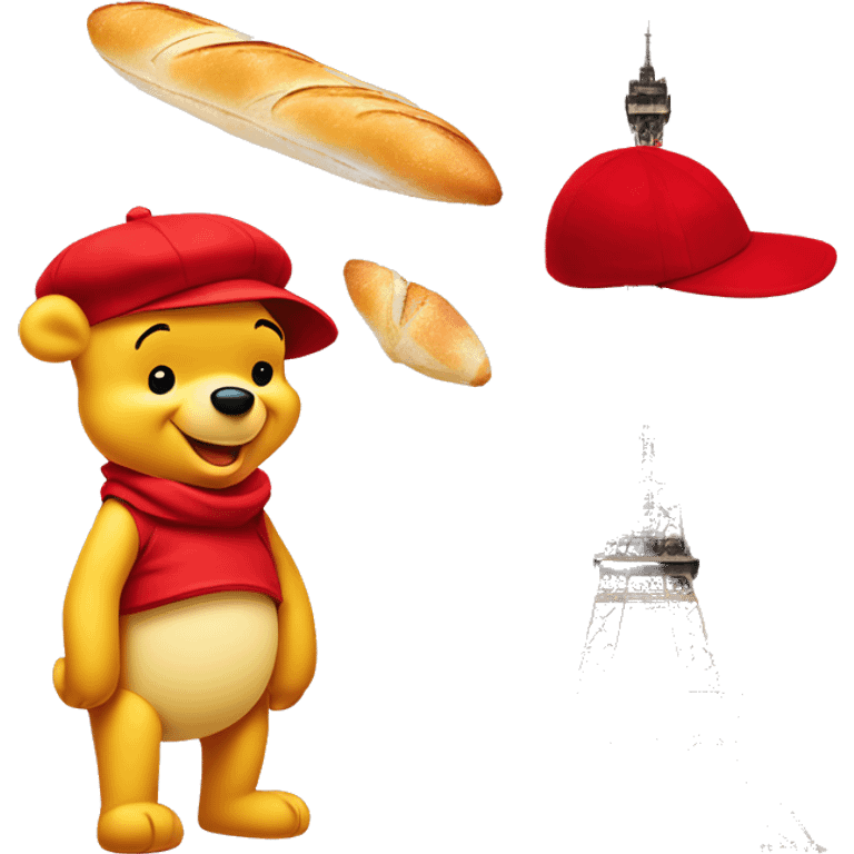 parisien style white winnie the pooh, with red beret on head and baguette in arms, and with eiffel tower in background emoji