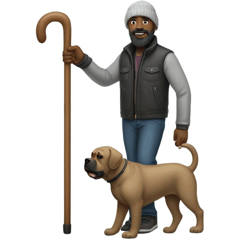 Black bald man with beard and beanie walking a Kane corso emoji