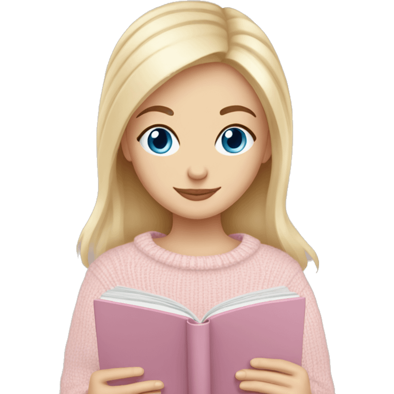 Pretty blue eyed white girl with light pink sweater reading cozy emoji