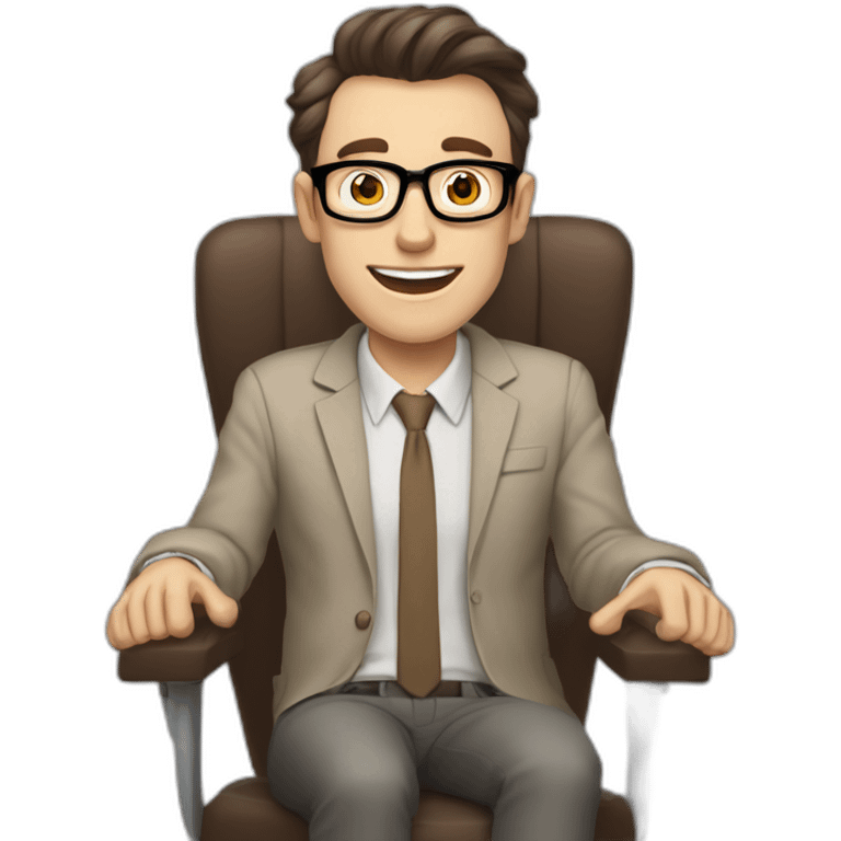 Joyful Pale skinned Fit Man With dark brown hair in gray jacket, beige office shirt, Brown pants and vintage glasses sitting In a soft chair. His thrumbs up emoji