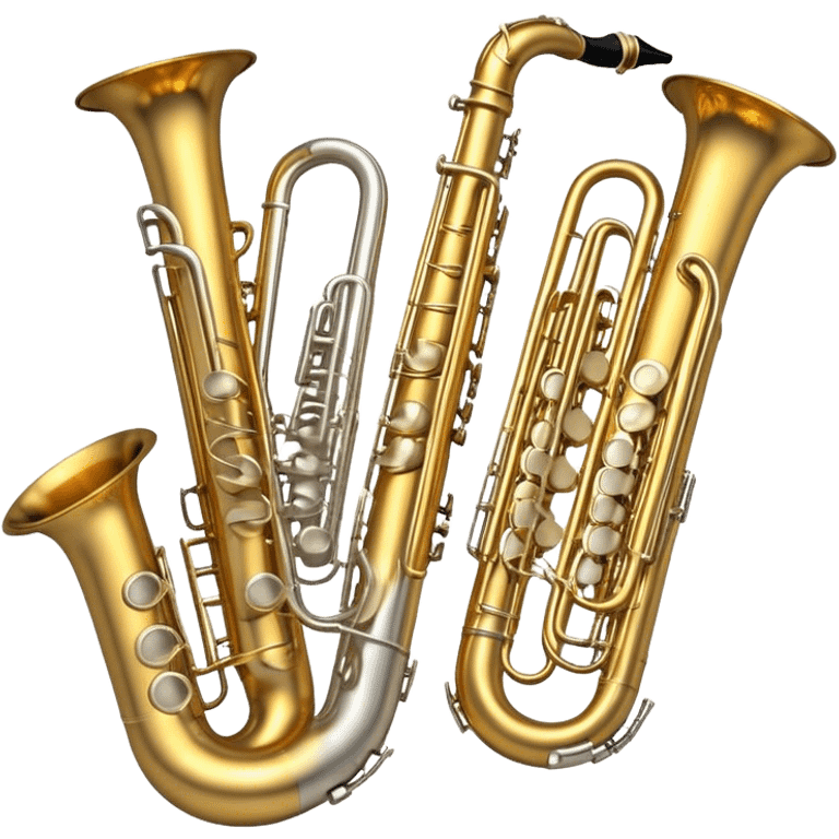 Create a professional and elegant emoji collage symbolizing wind instruments, using a combination of copper, white metal, and black wood. The design should feature iconic instruments like a trumpet, saxophone, tube, oboe, and horn. Each instrument should be represented with its key elements clearly visible.
Each instrument should be designed with realistic textures, including the gleam of metal and the deep, rich tone of black wood. Arrange the instruments in a balanced and harmonious way, making sure the elements are easily recognizable. Use metallic gold, silver, and copper tones with black wood accents. The background should be transparent to highlight the instruments. emoji