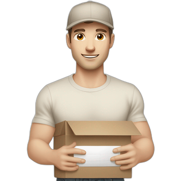 Pale skinned fit Man with dark brown hair in a beige cap, gray jeans, brown polo and white T-shirt keeping a pasted with tape white box into his hands emoji