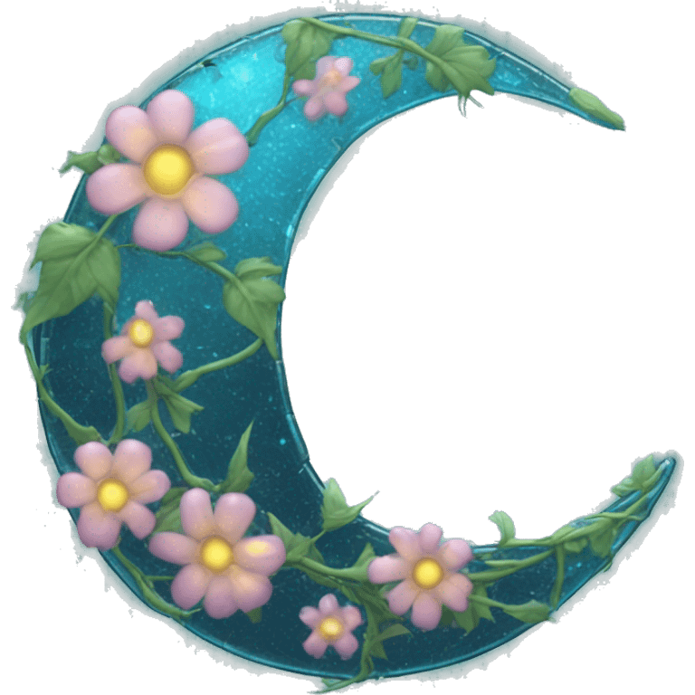 A translucent crescent moon made of cracked glass, with vines of bioluminescent flowers wrapping around it.

 emoji