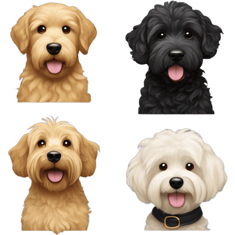 Golden golden doodle with wavy coat and white bichon with curly coat and Cairin Terrier with black coat emoji