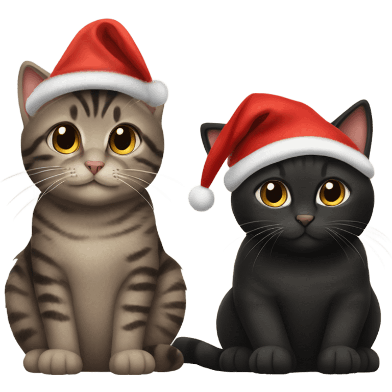 Two black cats and two brown tabby cats all wearing Christmas hats emoji