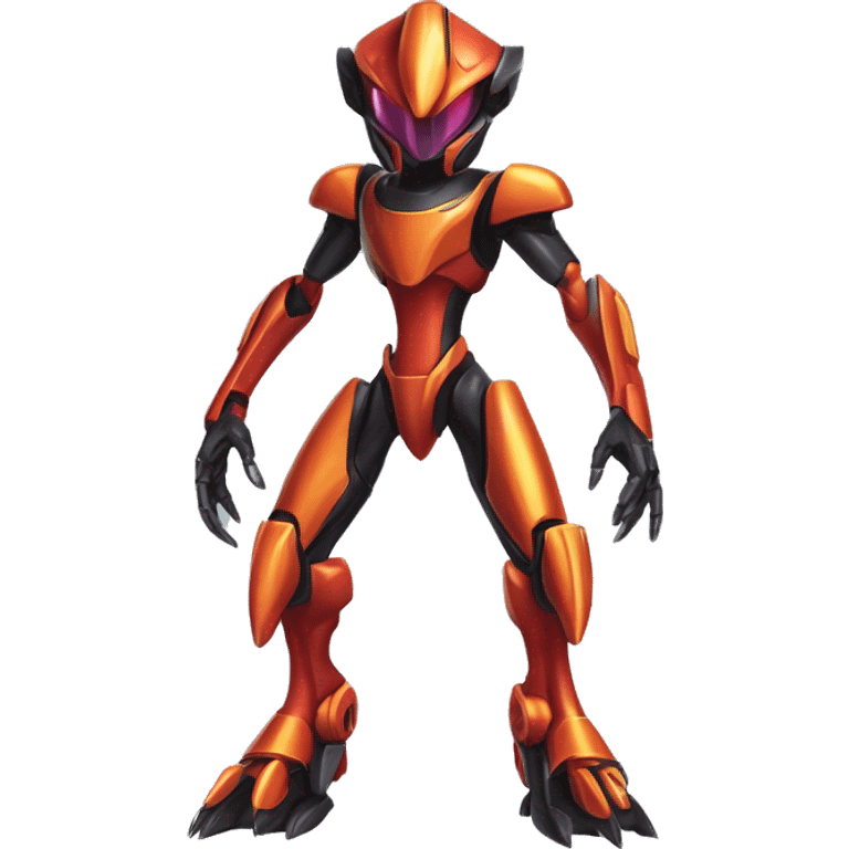 a shiny metallic black-red-orange Genesect-Flygon-Raptor-Fakémon-Medabot-hybrid with a futuristic visor-helmet full body emoji