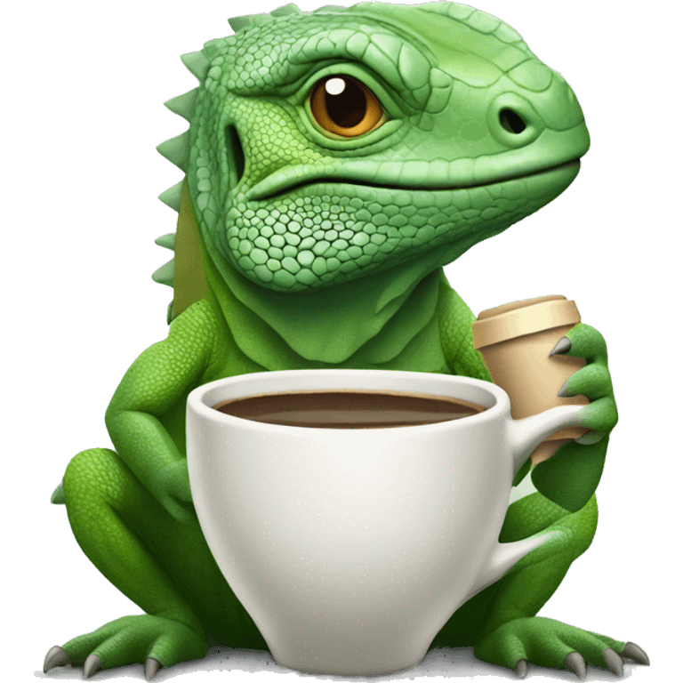 an iguana holding a small coffee cup emoji