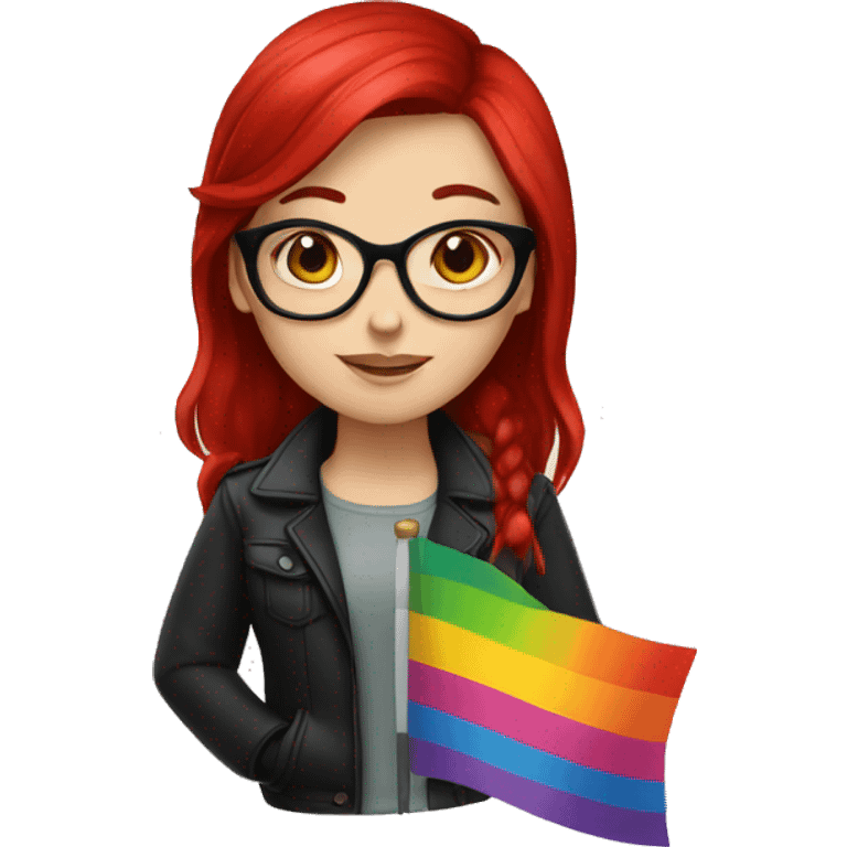 a white girl with black and red hair, glasses and a lesbian flag emoji