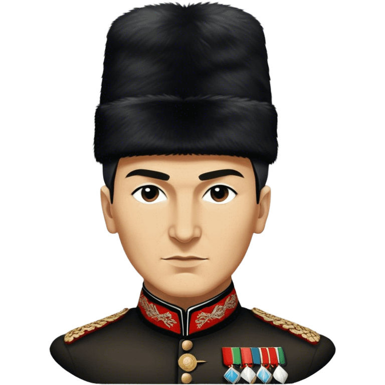 ​Cinematic Realistic Portrait of a Young Mustafa Kemal Atatürk, depicted wearing an iconic tall black fur hat along with traditional attire, his confident, visionary expression illuminated by warm, inspiring lighting, rendered with rich historical textures that capture his youthful dynamism and transformative leadership, emoji