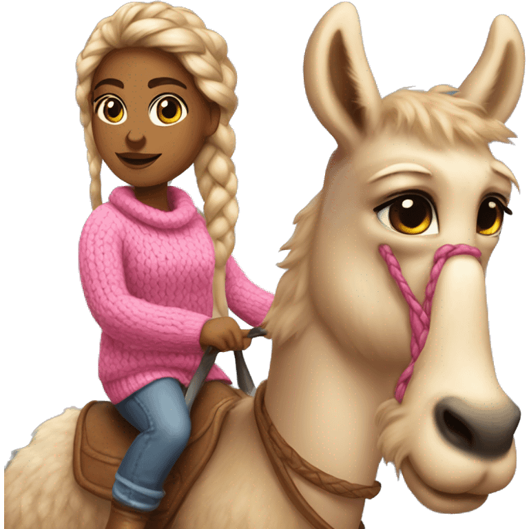 Girl riding lama with pink sweater and Ugg boots. Braided hair holding pizza emoji