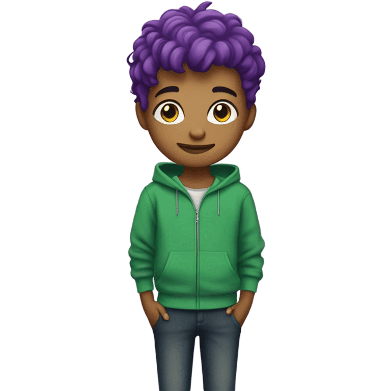 Purple hair boy green zipper sweatshirt tatto emoji